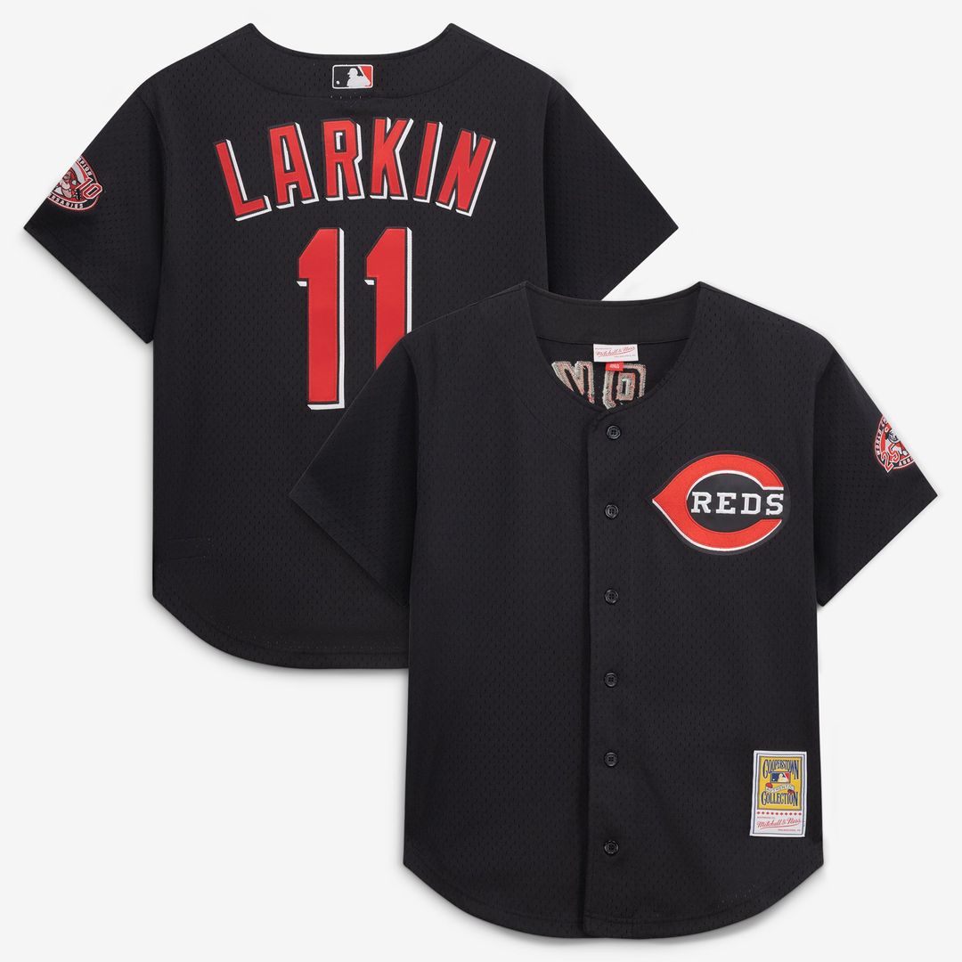 Cincinnati Reds Barry Larkin Cooperstown Mesh Batting Practice Button-Up Jersey (Black)