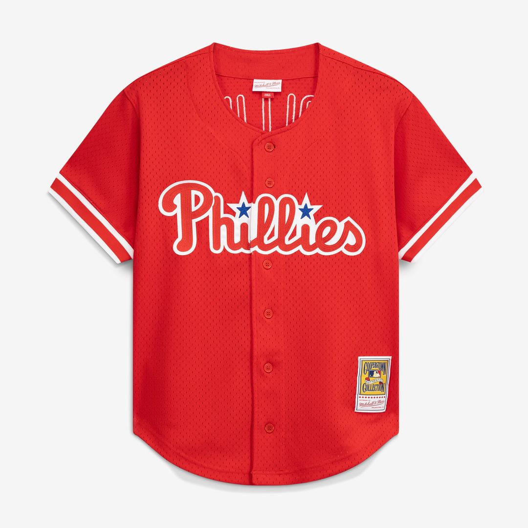 Philadelphia Phillies Jimmy Rollins Cooperstown Mesh Batting Practice Button-Up Jersey (Red)