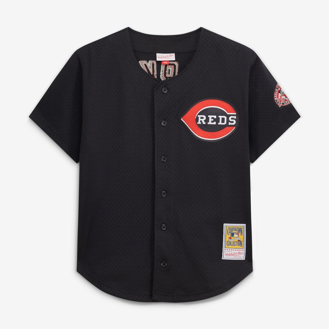 Cincinnati Reds Barry Larkin Cooperstown Mesh Batting Practice Button-Up Jersey (Black)