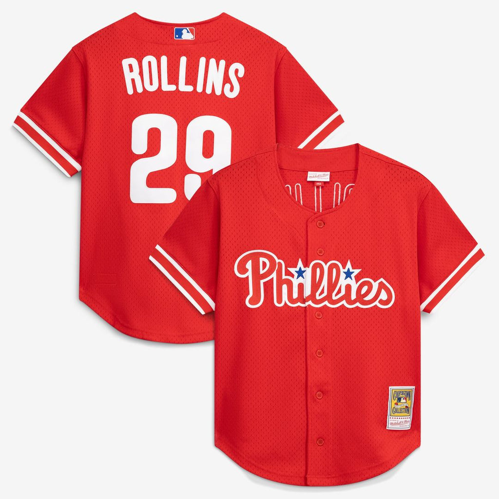 Philadelphia Phillies Jimmy Rollins Cooperstown Mesh Batting Practice Button-Up Jersey (Red)