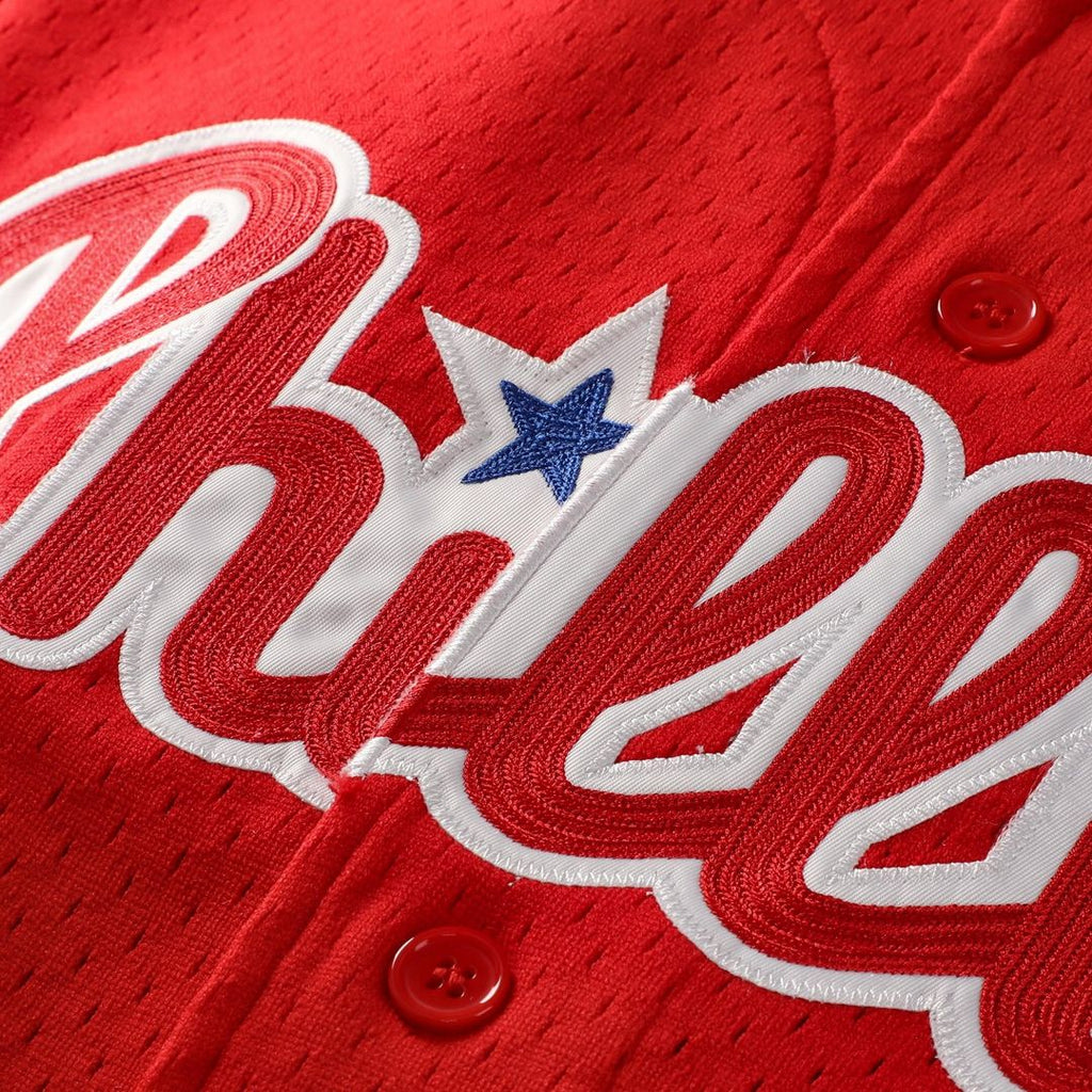Philadelphia Phillies Jimmy Rollins Cooperstown Mesh Batting Practice Button-Up Jersey (Red)